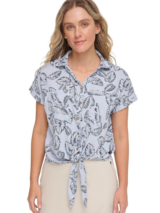 Margaritaville Women's Linen Tie Front Shirt Size Xl Kentucky Blue Palm Tree